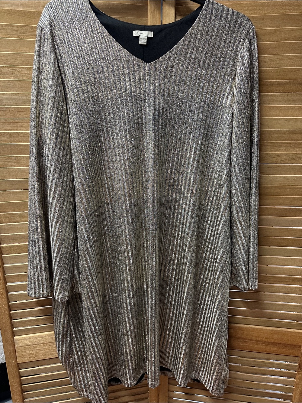 Metallic Ribbed V-Neck Tunic Dress - Gold